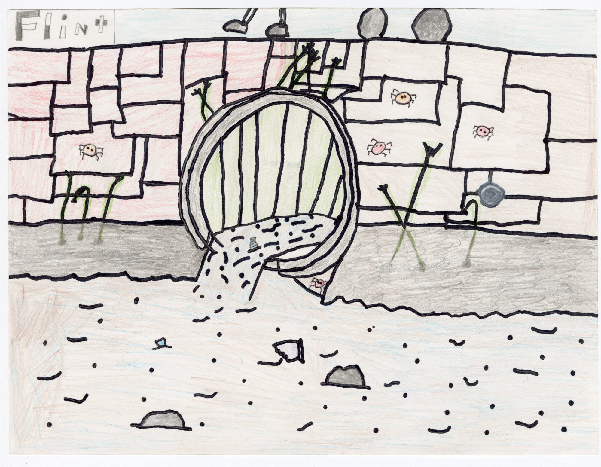 A child's drawing of a main water pipe dumping toxins into a water source. Image is a response to the Flint Water Crisis.